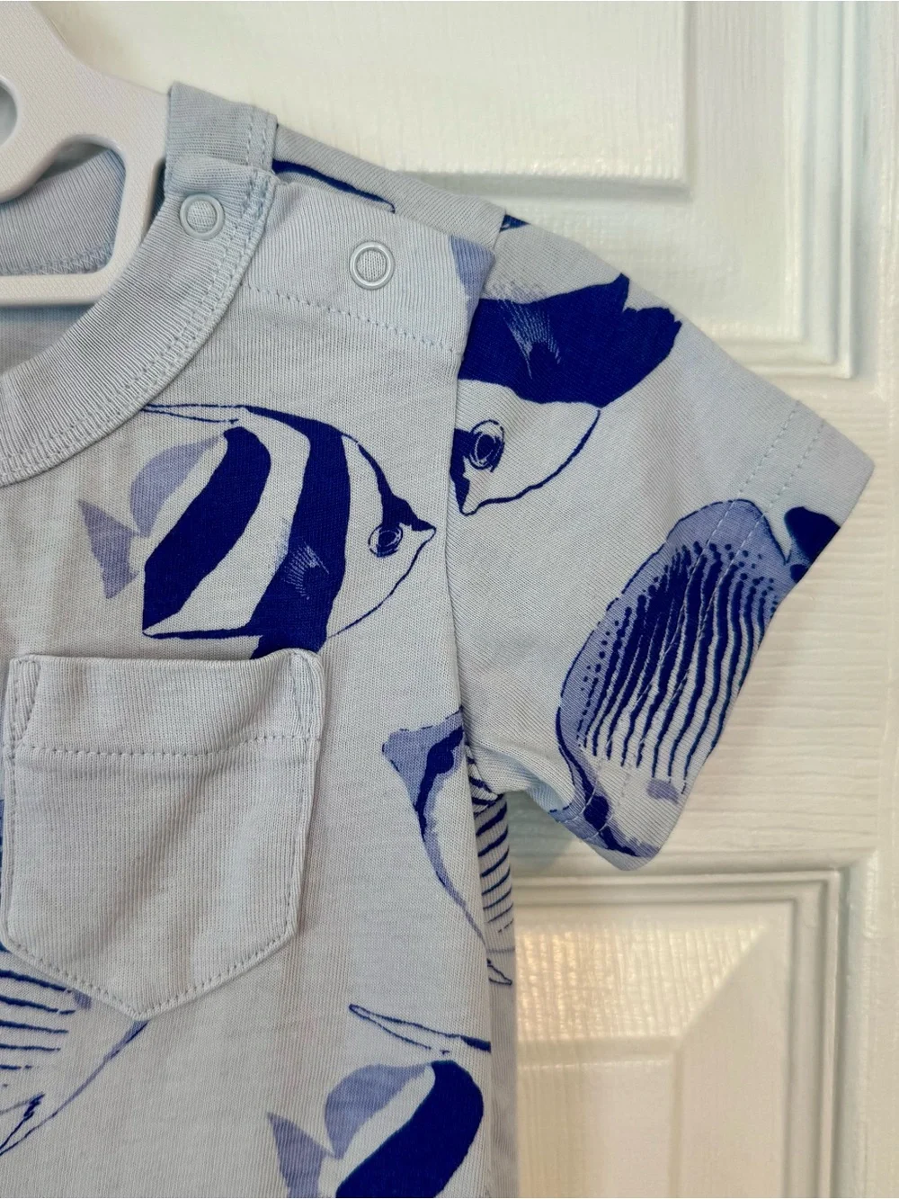 EUC Tea Collection Short-Sleeve Cotton Romper with pocket, blue sharks